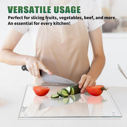 Person slicing cucumber on Tempered Glass Cutting Boards Set For Kitchen Counters 2 Pack 16x12 And 12x8 Inches Non Slip Grippy Bottom