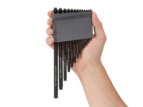 Hand holding Star L Key Set With Holder, 13 Piece T6 Through T50, durable gray holder, high leverage long handle wrenches visible