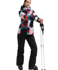 Women's Ski Jacket And Pants Set Waterproof Snow Suit For Snowboarding Hooded Insulated Winter Outerwear with poles