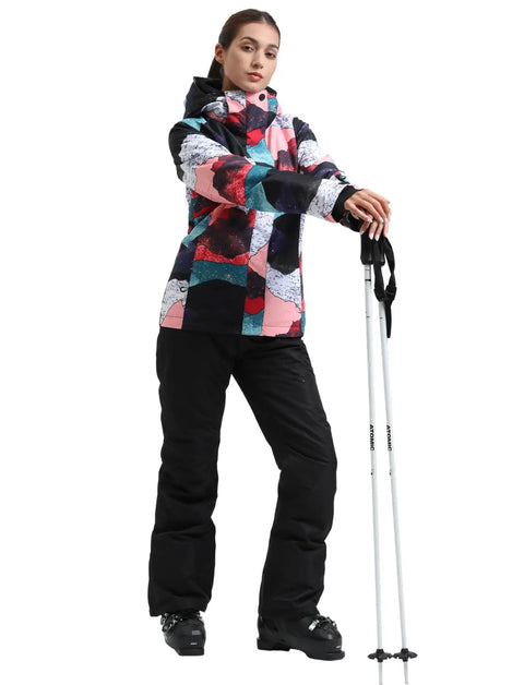 Women's Ski Jacket And Pants Set Waterproof Snow Suit For Snowboarding Hooded Insulated Winter Outerwear with poles