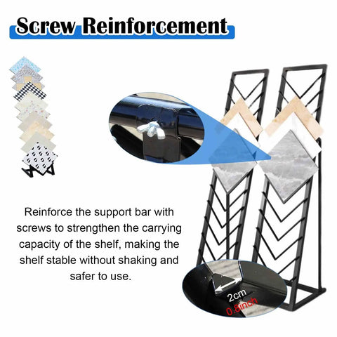 Screw reinforcement detail on Top Shelf Heavy Duty Tile Sample Display Rack With Rock Solid Iron Frame For Marble Slab Floor Board Templates Large Gold Finish Built Tough Job Site Ready Rack.