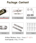 Kickass Heavy Duty Barn Door Hardware Kit With 25ft Double Sliding Track and 12 Solid Nylon Rollers package contents including rails, rollers, stops, and screws.