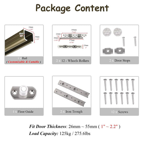 Package contents for Heavy Duty Sliding Barn Door Track Kit With Slick Glide Hardware including rail, rollers, stops, guides, and screws.