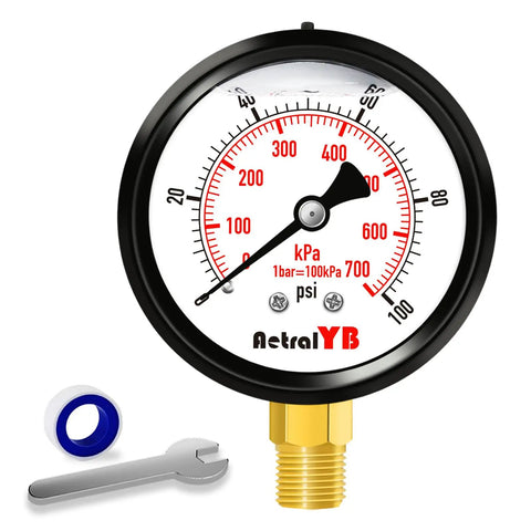Stainless Steel Liquid Filled Pressure Gauge 0-100 PSI, 2.5 Inch Dial, Glycerin Dampened, IP67 Waterproof, side view with mounting tools