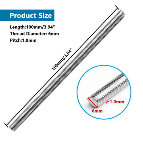 Six Pack M6 X 100mm Fully Threaded Rods In 304 Stainless Steel Right Hand Threads With Nuts And Flat Washers, M6 1.0mm Pitch