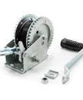 Beefy Steel Marine Towing Winch With 1,200-Pound Capacity and 20-Foot UV-Resistant Strap, handle, and components visible