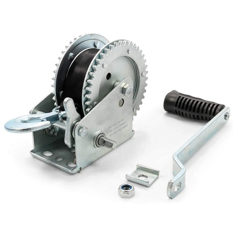 Beefy Steel Marine Towing Winch With 1,200-Pound Capacity and 20-Foot UV-Resistant Strap, handle, and components visible