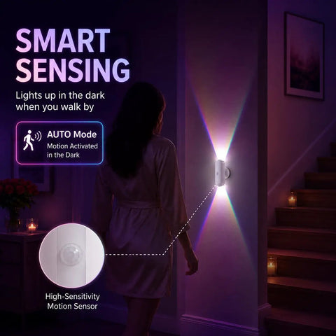 Rechargeable Motion Sensor Wall Lights Peel And Stick Sconces Set Of Two illuminating a dark hallway with motion activation.