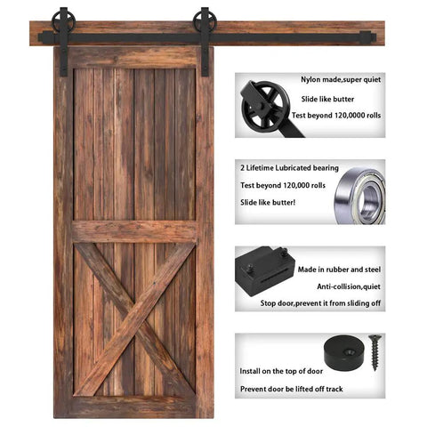 16Ft Sliding Barn Door Hardware Kit With Black Powder Coat 6Mm Thick Track Big Spoke Rollers Heavy Duty Industrial Grade System Door Not Included Perfect For Modern Home Or Shop Renovations, black track on wooden barn door