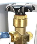 Brass pipe reducer adapter with wheel-handled valve; 1/2 in NPT male to 1/4 in NPT female