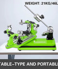 Pro Grade Tennis Stringing Machine with Six Point Mounting System and 360 Degree Rotation on table, 21kg weight, green color