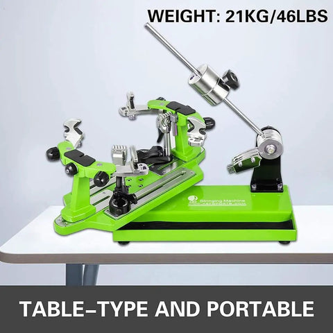 Pro Grade Tennis Stringing Machine with Six Point Mounting System and 360 Degree Rotation on table, 21kg weight, green color