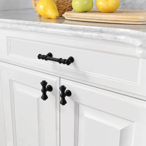 Slick Matte Black Kitchen Cabinet Handles And Heavy Duty Drawer Pulls For Cupboards And Drawers on white cabinetry.