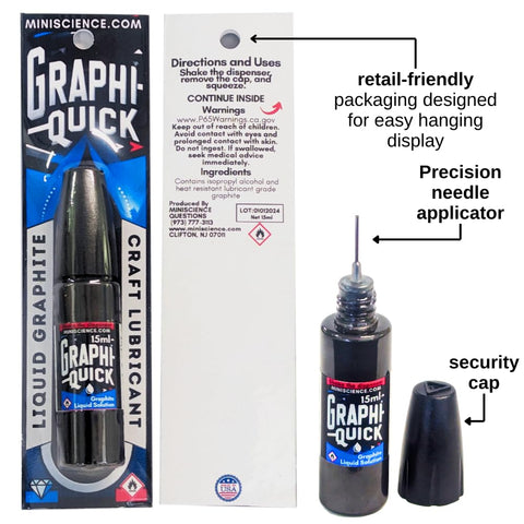 GraphiQuick Liquid Graphite Lubricant And Craft Enhancer with precision needle applicator and retail packaging displayed