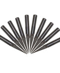 Heavy Duty 1/8 Inch Shank Ten Degree Carbide Cnc Router Bits With Zero Point One Millimeter Precision Tips For Acrylic Mdf Pcb And Two Color Boards Built Tough Runs Slick Makes Cutting A Breeze Pack Of Ten arranged in a fan shape.