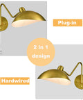 Plug In Wall Sconce Set Of 2 With Adjustable Swing Arm In Gold Brass Finish Easy On Off Switch 2 In 1 Plug In Or Hardwire Design
