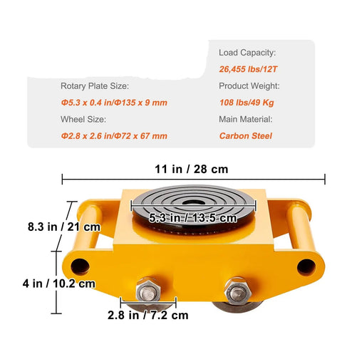 Heavy Duty Machinery Mover Skate Dolly With Four Silent Rolling PU Wheels Delivers A Rock Solid Twelve Ton Capacity side view with dimensions.