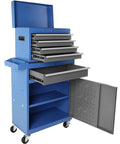 Large Rolling Tool Chest With 5 Drawers On Wheels Detachable Top Box 2 In 1 Tool Cabinet Includes Organizer Bins Hooks Adjustable Shelf And Locking System For Garage And Workshop Gray, shown open with drawers extended.