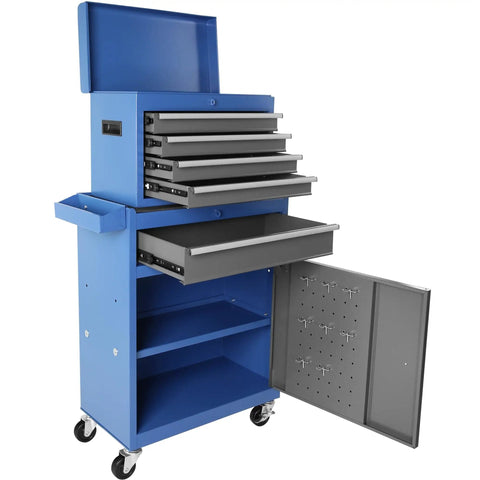 Large Rolling Tool Chest With 5 Drawers On Wheels Detachable Top Box 2 In 1 Tool Cabinet Includes Organizer Bins Hooks Adjustable Shelf And Locking System For Garage And Workshop Gray, shown open with drawers extended.
