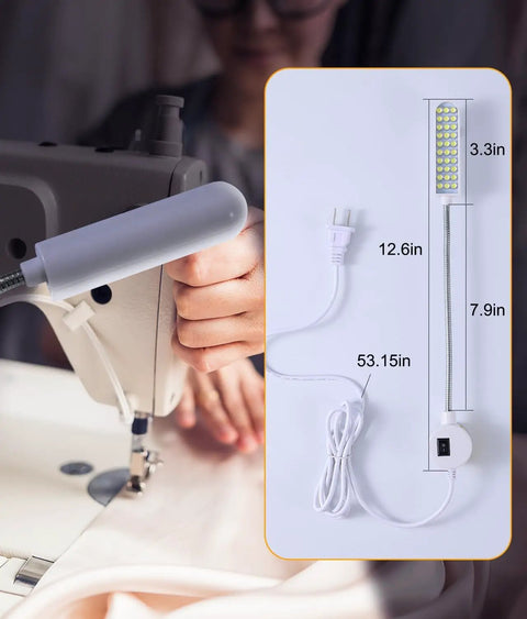 30 LED Sewing Machine Light With Flexible Gooseneck And Magnetic Mount attached to sewing machine, showing dimensions
