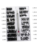 Slick Miniature Screw And Bolt Assortment Kit In Clear Storage Case For Handymen And Weekend Warriors Seeking Quick Home Repair And Fine Mechanics with organized black fasteners and screwdriver.