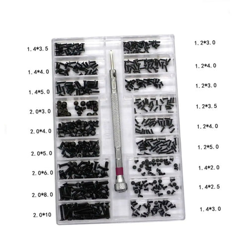 Slick Miniature Screw And Bolt Assortment Kit In Clear Storage Case For Handymen And Weekend Warriors Seeking Quick Home Repair And Fine Mechanics with organized black fasteners and screwdriver.