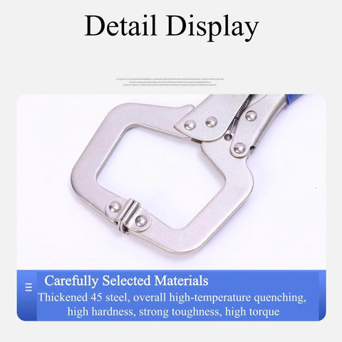 Close-up of Four Piece C Clamp Locking Pliers Set Includes 6.5 Inch, 9 Inch, 11 Inch And 18 Inch Heavy Duty Welding C Clamps for Woodworking