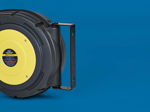 Retractable Air Tool Hose Reel With Polypropylene Case and Three Eighth Inch By Fifty Foot Premium Hybrid Polymer Hose