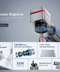 50W fiber laser engraver with scanning lens and specifications including 7000mm/s speed, 50W power, and precise focus setup