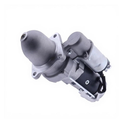 Diesel Engine Starter Replacement With Plug And Play Install Preinstalled Solenoid And Mounting Bracket Direct Fit To Original Bolt Hole Pattern No Modifications Or Cutting Needed Easy No Brainer DIY Starter Swap in silver metal with black accents.