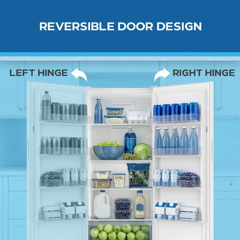 Interior view of 21 Cu Ft Frost Free Convertible Upright Freezer With Turbo Freeze And MaxxSpace Insulation showing reversible door design.