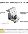 Adjustable Solar Panel Mounting Brackets 30 To 50mm Kit with end clamp showing anodized surface and adjustable height feature.