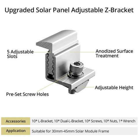 Adjustable Solar Panel Mounting Brackets 30 To 50mm Kit with end clamp showing anodized surface and adjustable height feature.