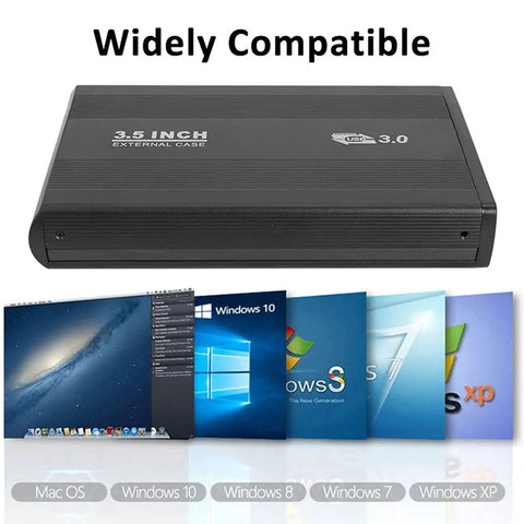 Heavy Duty 3.5 Inch External Hard Drive Enclosure With Slick Aluminum Build And Straight Up SATA To USB 3.0 Port Setup on a desk.