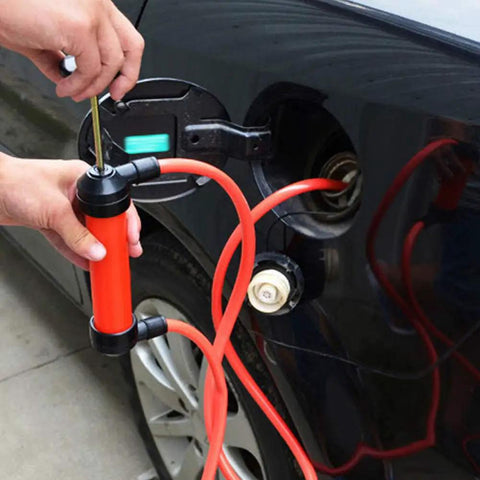 Grab-N-Go Portable Manual Fuel Change Pump For Cars And Small Equipment ABS Material Siphon Tool Quick Liquid Transfer For Gas Oil And Water Lightweight Durable Easy Hands Free Use in use filling a car fuel tank