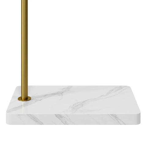 Close-up of wood base of Gold Metal Coat Rack With 3 Hooks, L Shaped Freestanding Coat Tree For Entryway Or Corner