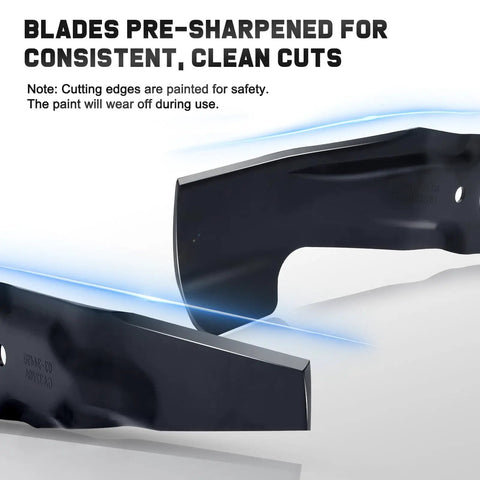 Image of pre-sharpened mulching blades for Honda HRR216 mower, showing cutting edges labeled 72511 VL0 S00 and 72531 VH7 000 for clean cuts.