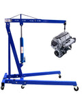 Heavy Duty 2 Ton Folding Engine Hoist Cherry Picker Jib Crane lifting an engine, featuring smooth rolling casters and adjustable boom.