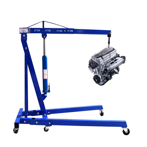 Heavy Duty 2 Ton Folding Engine Hoist Cherry Picker Jib Crane lifting an engine, featuring smooth rolling casters and adjustable boom.