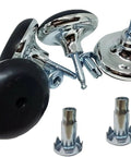 Four Pack Built Tough Chrome Furniture Glides With Metal Core Inserts For Divan Beds Sofas And Footstools, including caster legs and inserts.