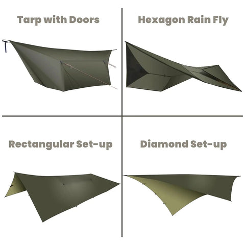 12 By 10 Ft Ultralight Camping Hammock Tarp Rainfly With Doors, Rectangular and Diamond setups, All Weather Shelter