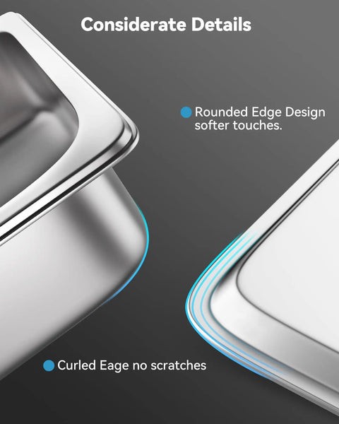 Rounded edge design of 8 Pack Hotel Pans With Lids, One Third Size 6 Inch Deep Stainless Steel Steam Table Pans, 22 Gauge, Anti Jam.