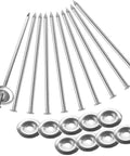 Tough As Nails 6 Inch Stainless Steel Patio Rug Stakes Set For Outdoor Use, showing stakes and washers in an arrangement