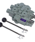 Beefy Heavy Duty Hydraulic Valve for Twin Spool Systems with 25 GPM flow, four way three position, tandem center, cast iron, 3000 PSI, lever handle, in out three quarter inch NPTF, compatible with double acting valves Nine Six Seven Zero Two, shown with lever handles.