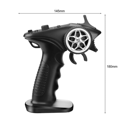 Side view of 2.4GHz RC Transmitter And Receiver Kit With FHSS 67 Channels, 4CH Remote Controller, black grip handle, 145mm x 180mm