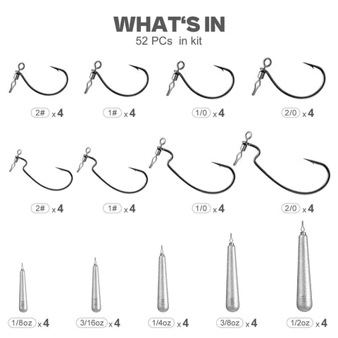 52 Pack Drop Shot Rig Kit With 8 Sizes Swivel Hooks And 20 Weights For Quick Drop Shot Rigging On Bass Fishing Trips No Tie Swivel Hooks Save Time Versatile Tackle For Easy Rigging And Better Bass Catch displayed with hooks and weights