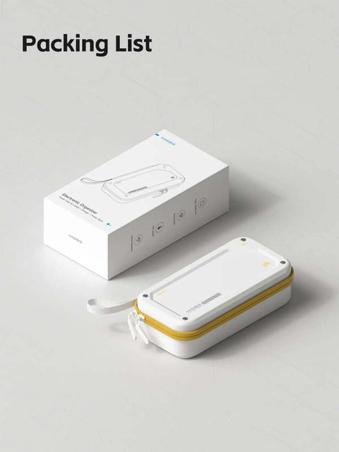 Tough White Hardshell Tech Case Keeps Your Cables Chargers Power Banks And Digital Stash Tight So You Can Just Tote It In Your Satchel Without Dropping Any Dope Gear On The Go. Detailed view of white tech organizer with yellow zipper.