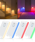 Rechargeable Motion Sensor Stair Lights with RGB and Warm White shown installed in hallway and stairway, four color options.
