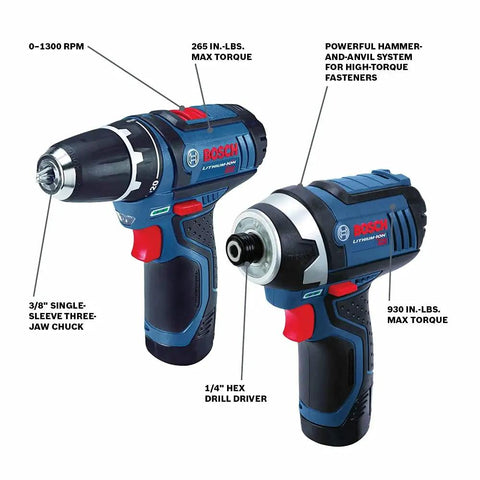 12V Max Cordless Drill Driver And Impact Driver Go-To Combo Kit With PS31 And PS41 Ultra Lightweight For Overhead Work And Tight Spaces, 1,300 RPM And 265 In-Lbs Torque For Drill, 2,600 RPM 3,100 BPM And 930 In-Lbs Torque For Impact
