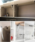 Heavy Duty Gas Spring Cabinet Door Lift Support 8 Inch 30N 7 Lb Soft Close Cushioned Lid Support installed in various cabinets.